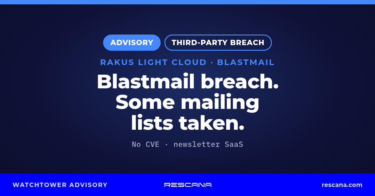 Rescana advisory card: Blastmail breach at Rakus Light Cloud; some customers' mailing lists taken (per the vendor); no CVE.