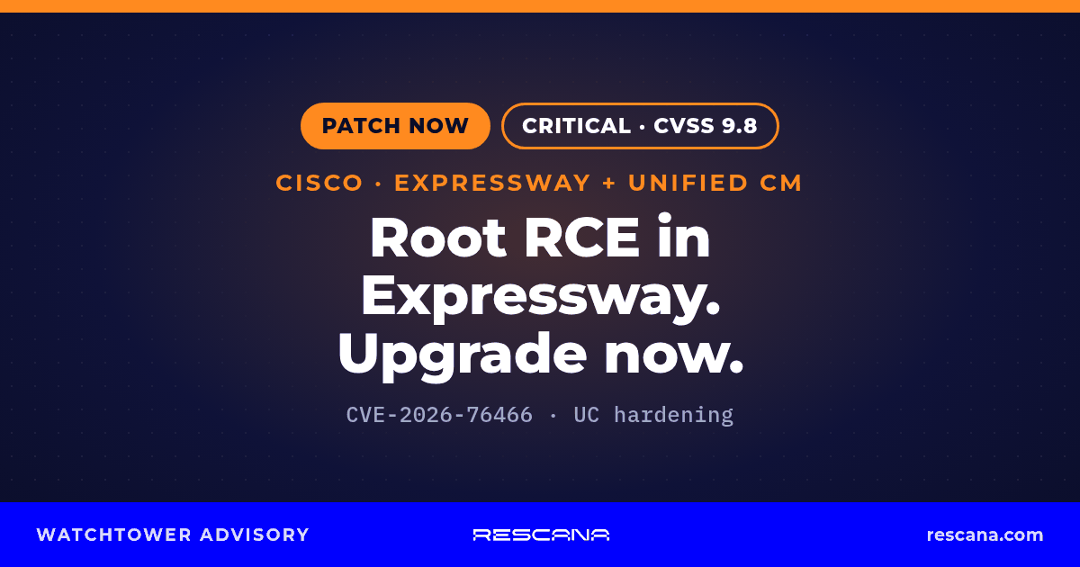 Cisco Expressway CVE-2026-76466, critical CVSS 9.8 root remote code execution in clustered deployments, plus Unified Communications hardening release: upgrade to X15.5.20 and 15SU5.