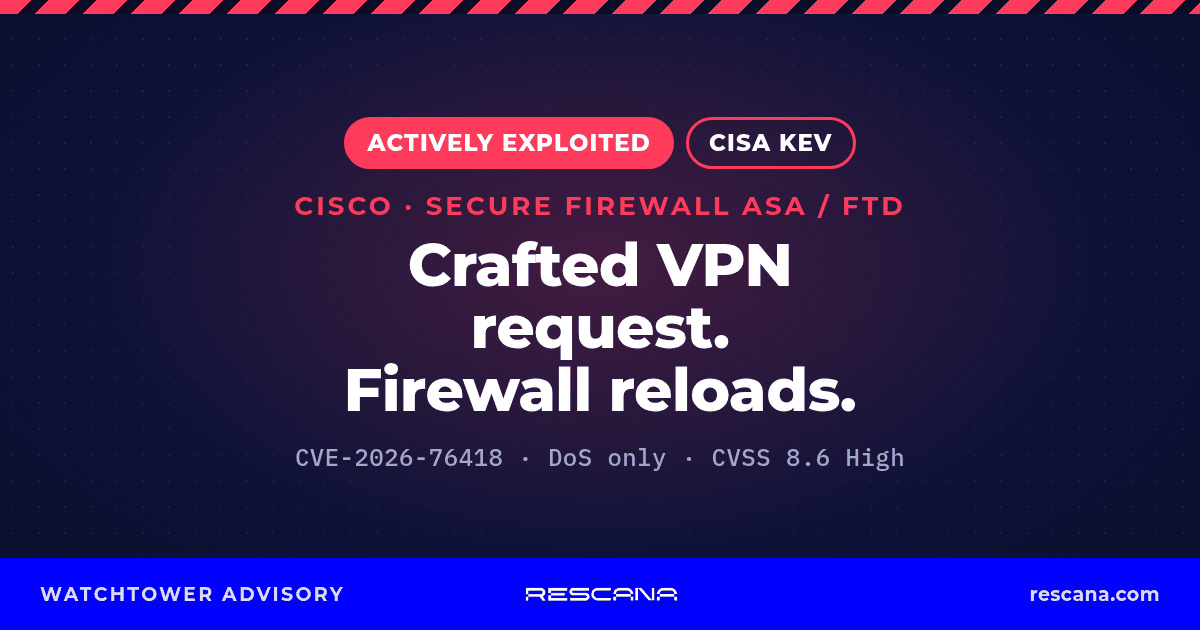 Cisco Secure Firewall ASA and FTD CVE-2026-76418: actively exploited SSL VPN denial of service, in CISA KEV; Cisco CVSS 3.1 8.6 High; DoS only.