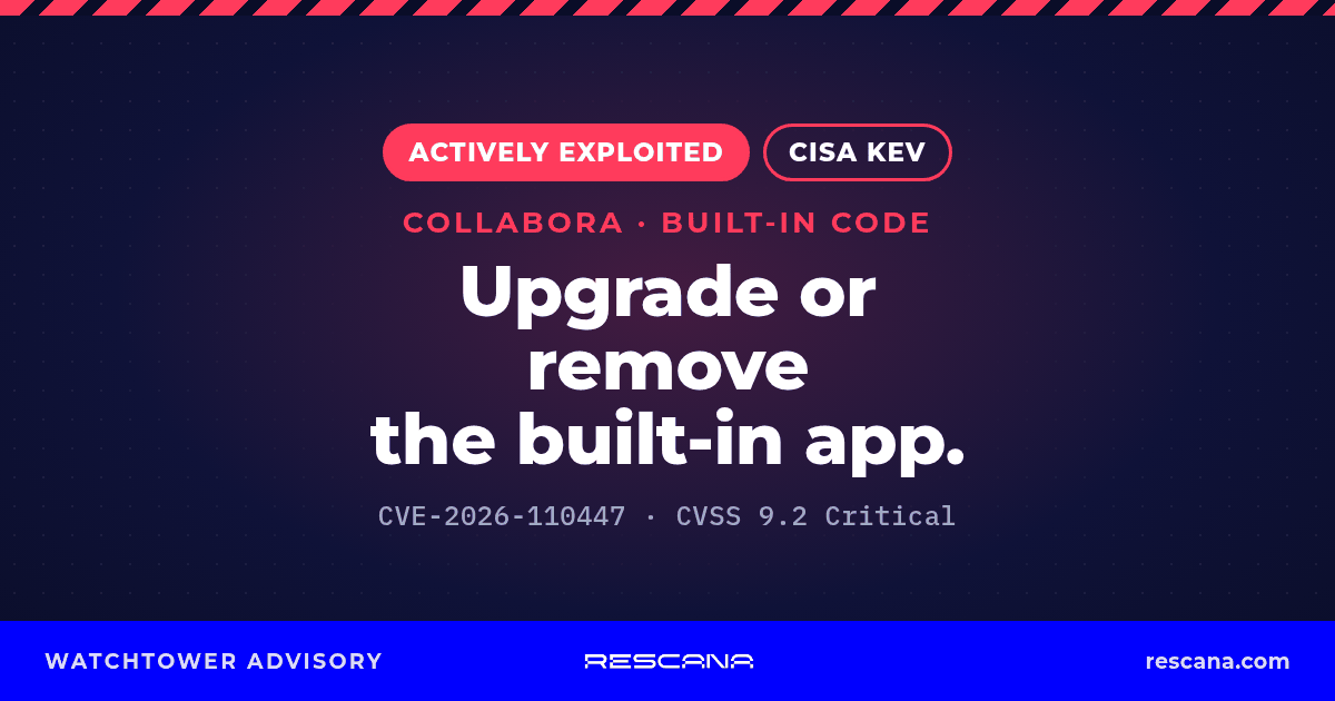 Collabora Online Built-in CODE Server for Nextcloud, CVE-2026-110447: actively exploited and in CISA KEV; CVSS 9.2 Critical (Collabora). Upgrade to 26.4.303 or later, or remove the app.
