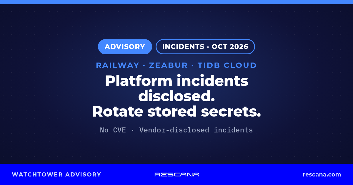Rescana advisory card: Railway, Zeabur and TiDB Cloud security incidents, October 2026. Platform incidents disclosed; rotate stored secrets. No CVE, vendor-disclosed incidents.