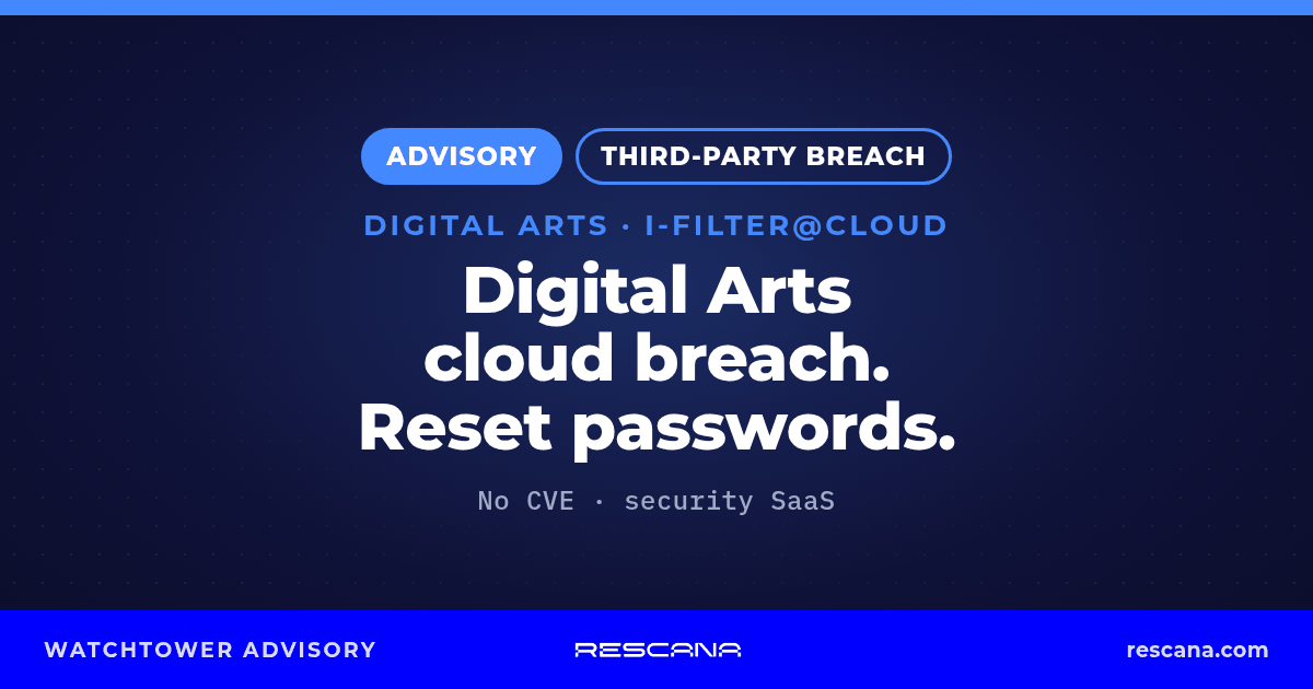 Rescana advisory card: Digital Arts cloud breach affecting i-FILTER@Cloud and other services; customers asked to reset passwords; no CVE.