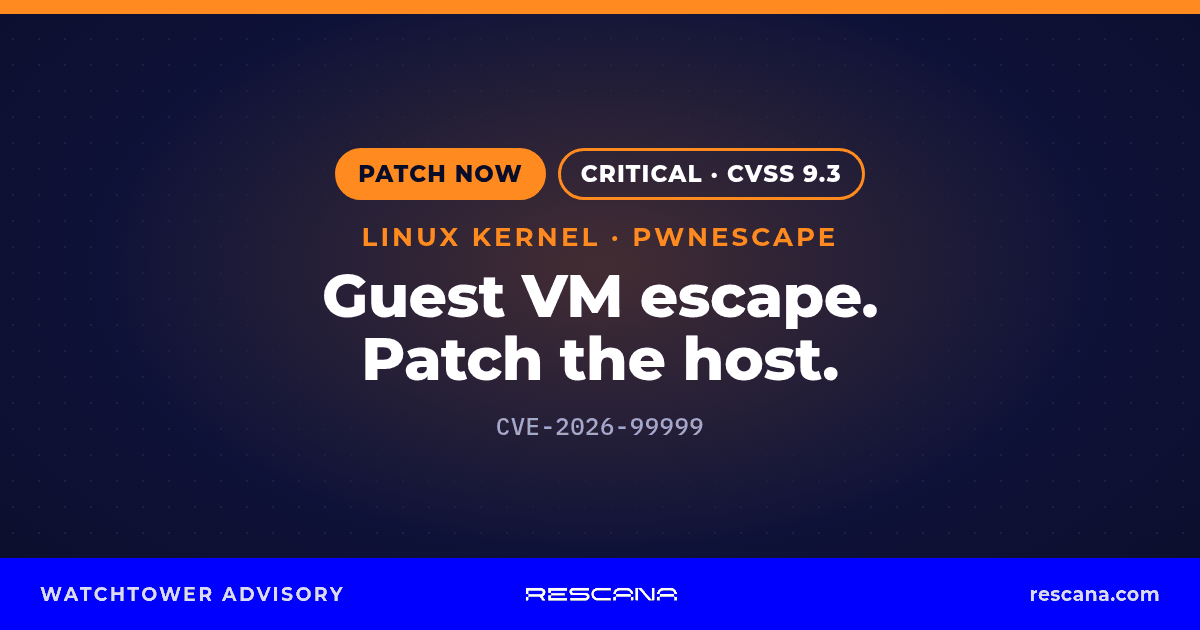 Rescana advisory card for PwnEscape CVE-2026-99999 Critical guest-to-host; patch host kernels.
