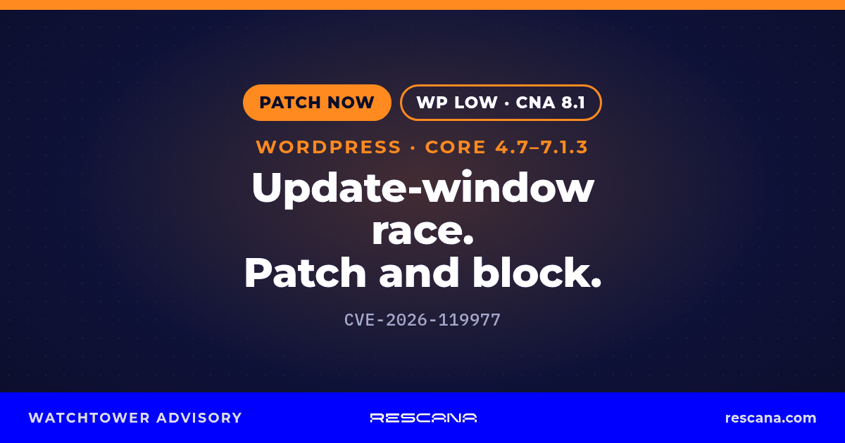 WordPress Core 4.7–7.1.3: CVE-2026-119977 upgrade-window race RCE. WordPress rates Low, Wordfence CNA CVSS 8.1; patch now and block wp-content/upgrade/.